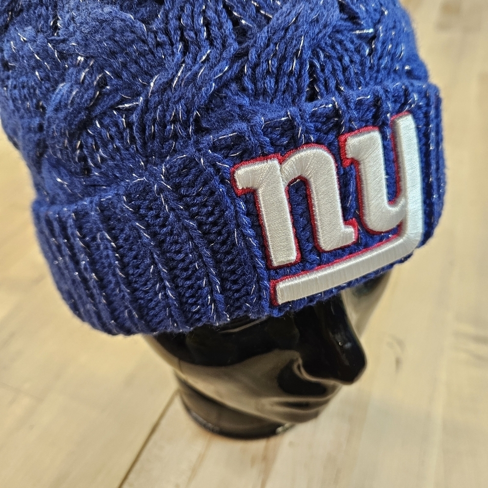New York Giants 47 Brand Womens NFL Fiona Cuff Knit Beanie Blue Red Pom Hat